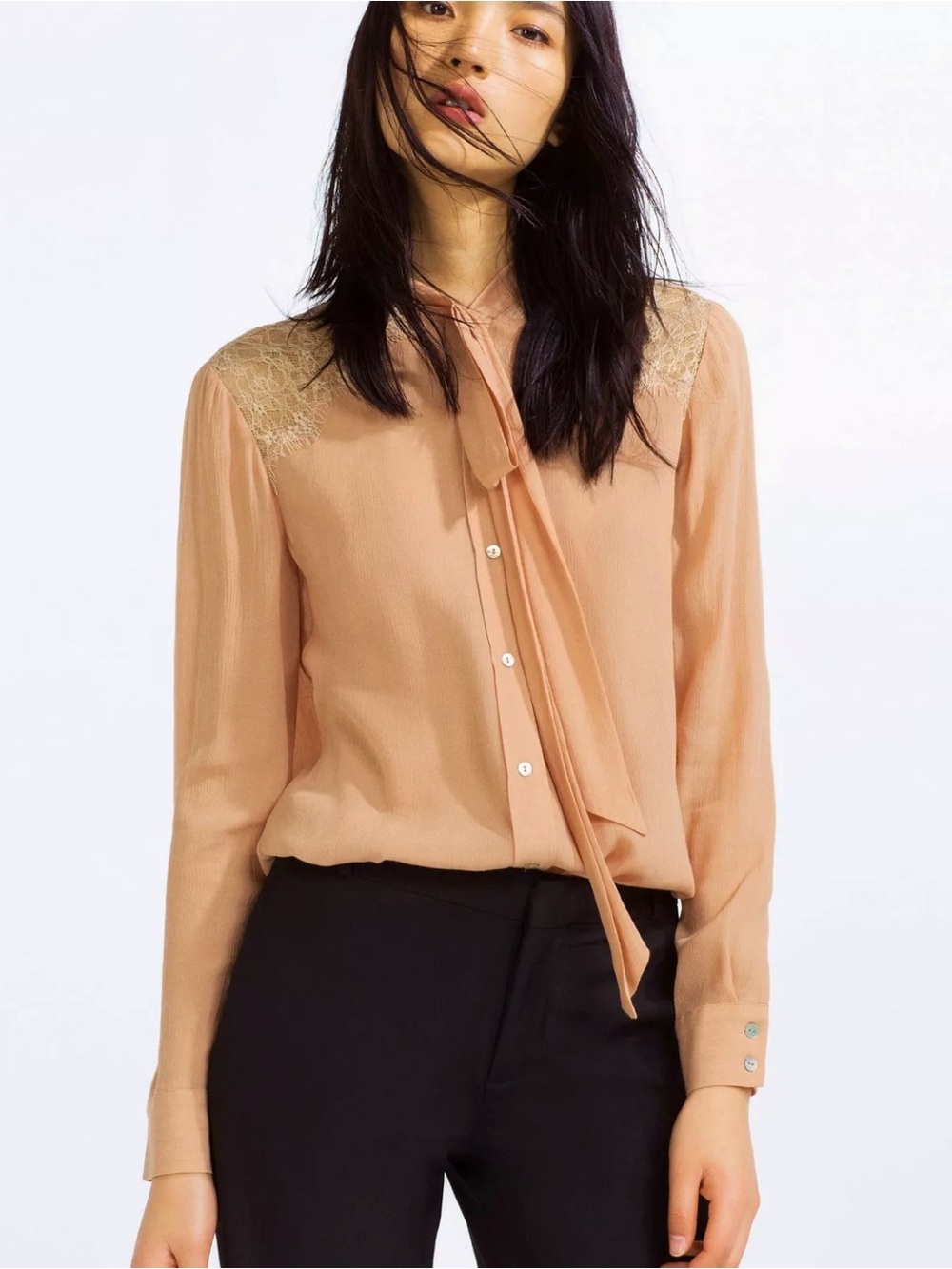Zara Peach Tie-Neck Blouse with Lace Yoke